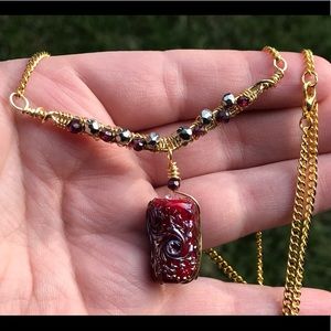 Red and gold lamp work w gemstone accents Necklace